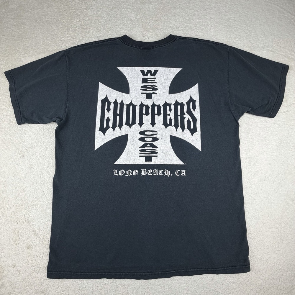 VTG West Coast Choppers Shirt Mens XL Black Long Beach Faded Cross Biker Y2K
